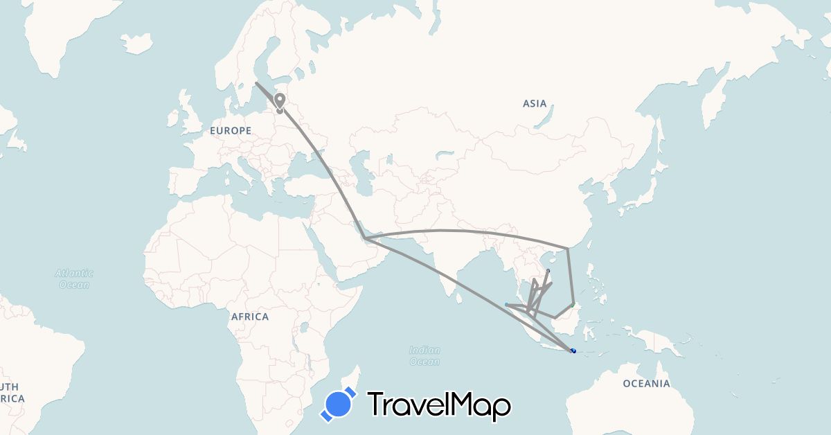 TravelMap itinerary: driving, bus, plane, boat in China, Indonesia, Cambodia, Lithuania, Malaysia, Qatar, Sweden, Singapore, Vietnam (Asia, Europe)